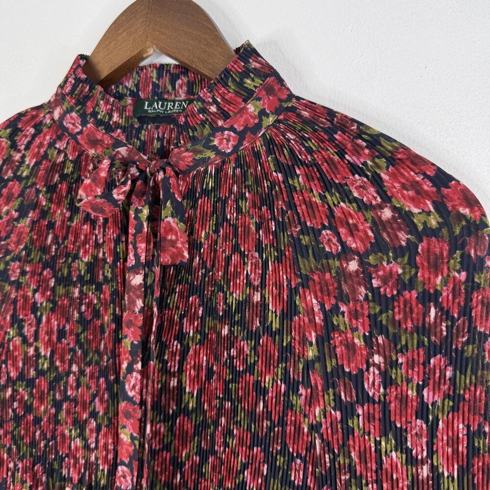 Ralph Lauren Red Floral Pleated Top Womens Medium Chiffon Bow Tunic Blouse